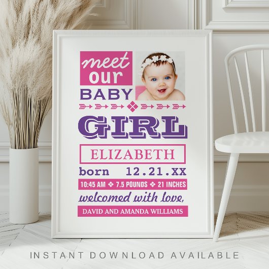 Moderne Roze Paarse Baby Meisje Foto Geboorte Stat Poster