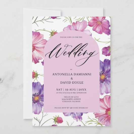 Moderne Roze Paarse Bloemige Bloesem QR Code Huwel Kaart (Voorkant)