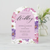 Moderne Roze Paarse Bloesem QR Code Huwelijk Kaart (Staand voorkant)
