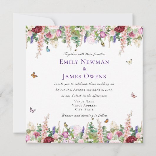 Moderne roze Paarse Florals en Butterflies Wedding Kaart (Voorkant)