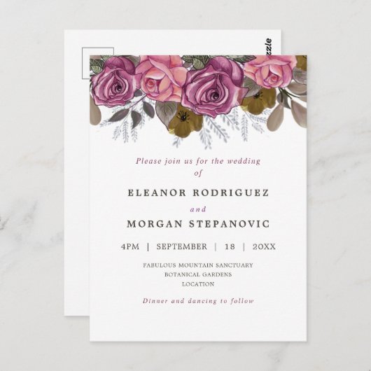 Moderne roze paarse rozen grens bruiloft uitnodigi briefkaart (Voorkant / Achterkant)