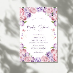 Moderne Roze Paarse Vlinders Baby Shower Kaart