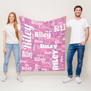 Moderne Roze Paarse Witte Naam Herhaal Typografie Fleece Deken