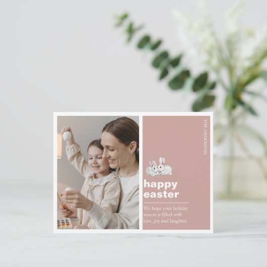 Moderne roze, paasfotokaart met briefje briefkaart (Staand voorkant)