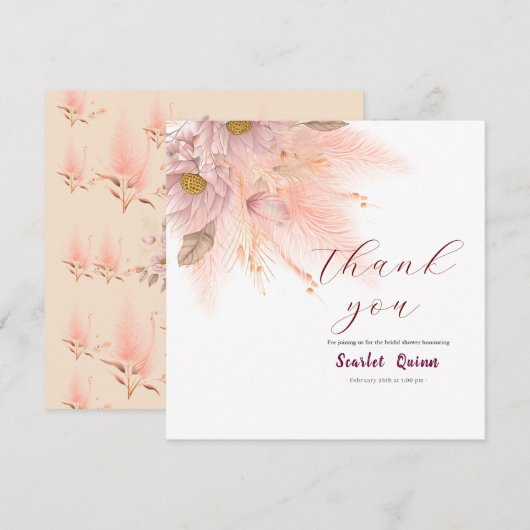 Moderne roze pampasgras bruidsdouche bedankkaart (Voorkant / Achterkant)