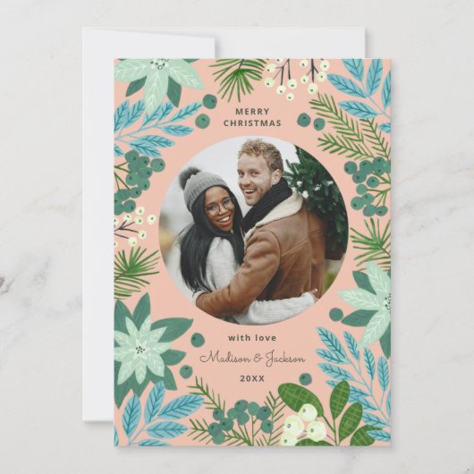 Moderne roze pastels bloemenvrolijke kerstfoto feestdagenkaart (Voorkant)