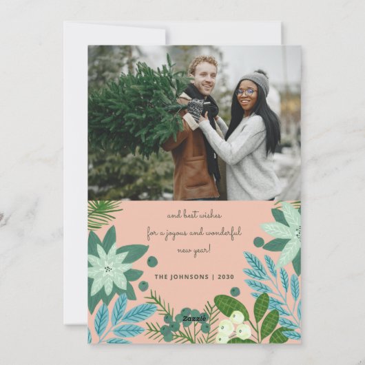 Moderne roze pastels bloemenvrolijke kerstfoto feestdagenkaart (Achterkant)