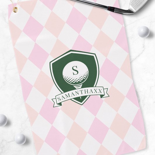 Moderne Roze Patroon Groene Golfbal Naam Monogram Golfhanddoek