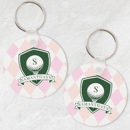 Moderne Roze Patroon Naam Initiaal Monogram Golf Sleutelhanger