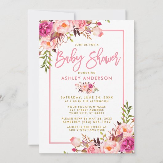 Moderne roze penseelscript Floral Gold Baby shower Kaart (Voorkant)