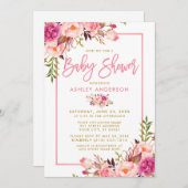 Moderne roze penseelscript Floral Gold Baby shower Kaart (Voorkant / Achterkant)