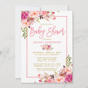 Moderne roze penseelscript Floral Gold Baby shower Kaart