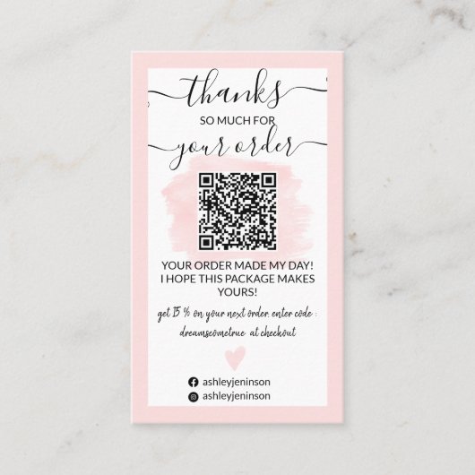 Moderne roze penseelstreek logo Qr-code bedankt Visitekaartje (Voorkant)