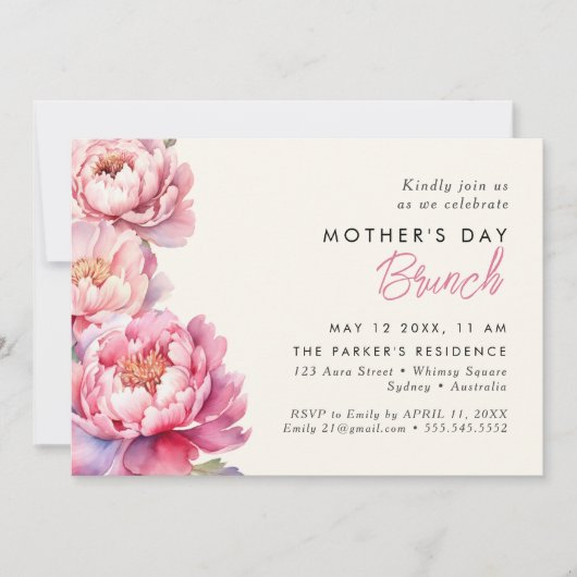 Moderne roze Peonies floral moederdag brunch Kaart (Voorkant)