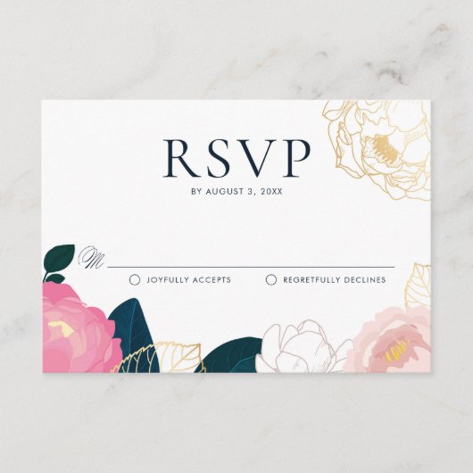 Moderne roze pinda's Gold Foil Weddenschap RSVP Informatiekaartje (Voorkant)