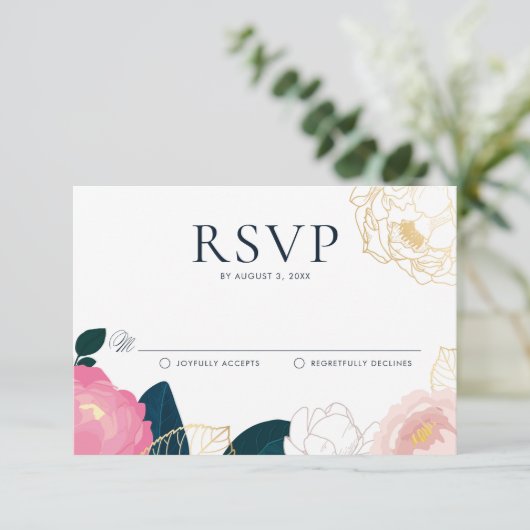 Moderne roze pinda's Gold Foil Weddenschap RSVP Informatiekaartje (Staand voorkant)
