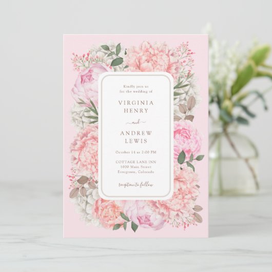 Moderne roze pioen bruiloft kaart (Staand voorkant)