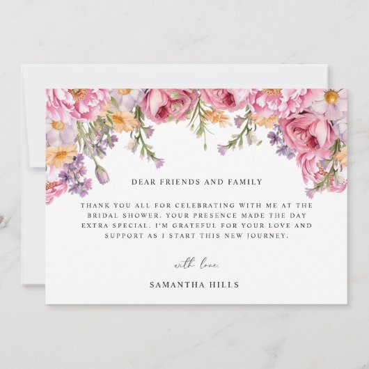 Moderne Roze Pioen Rozen Bruidsdouche Bedankkaart (Achterkant)