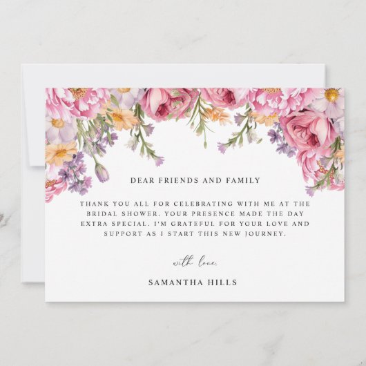 Moderne Roze Pioen Rozen Bruidsdouche Bedankkaart (Achterkant)