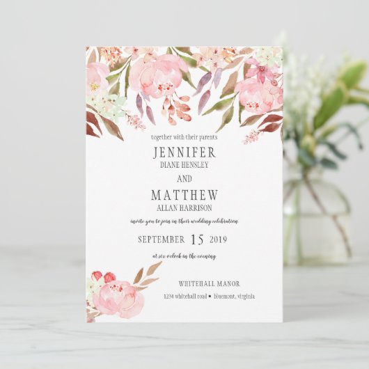 Moderne Roze Pioenen Wildbloemen Groen Bruiloft | Kaart (Staand voorkant)