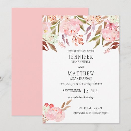 Moderne Roze Pioenen Wildbloemen Groen Bruiloft | Kaart (Voorkant / Achterkant)