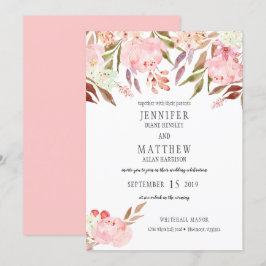 Moderne Roze Pioenen Wildbloemen Groen Bruiloft | Kaart