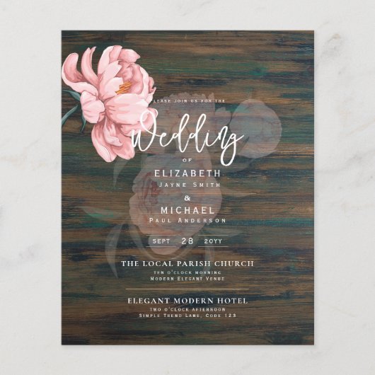 Moderne Roze Pioenroos Bloemen Bruiloft Uitnodigin (Voorkant)