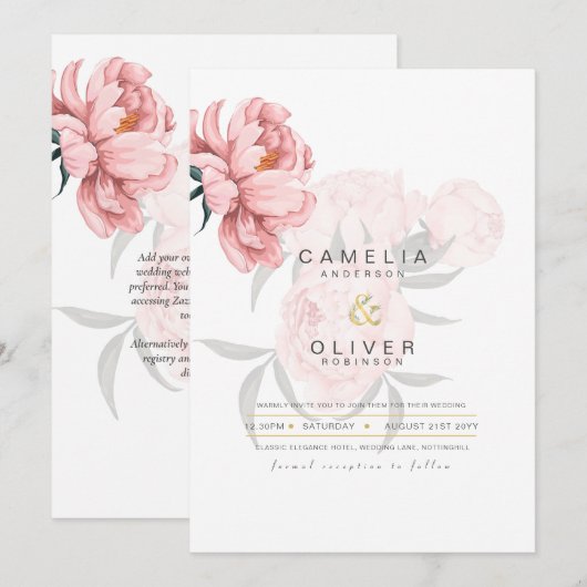 Moderne Roze Pioenroos Bloemen Bruiloft Uitnodigin Kaart (Voorkant / Achterkant)
