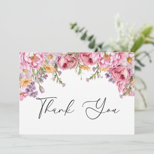 Moderne Roze Pioenrozen Bloemrijke Bruidsdouche Bedankkaart (Staand voorkant)