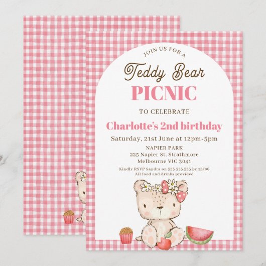 Moderne Roze Plaid Boog Teddy Bear Picnic Verjaard Kaart (Voorkant / Achterkant)