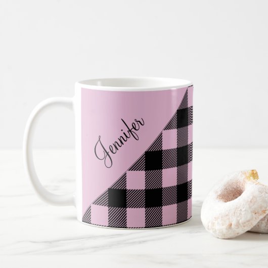 Moderne Roze Plaid Controleer Patroonnaam Koffiemok (Met donut)