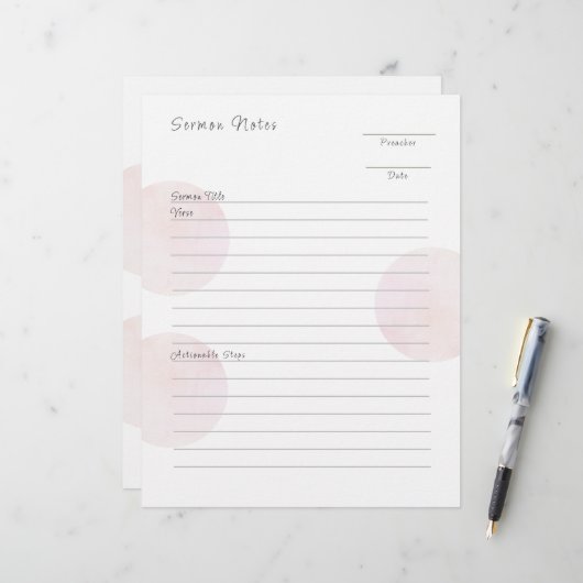 Moderne roze preek notities briefhoofd (Voorkant / Achterkant in situ)