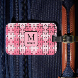 Moderne Roze Puzzel Stukken Monogram Bagagelabel