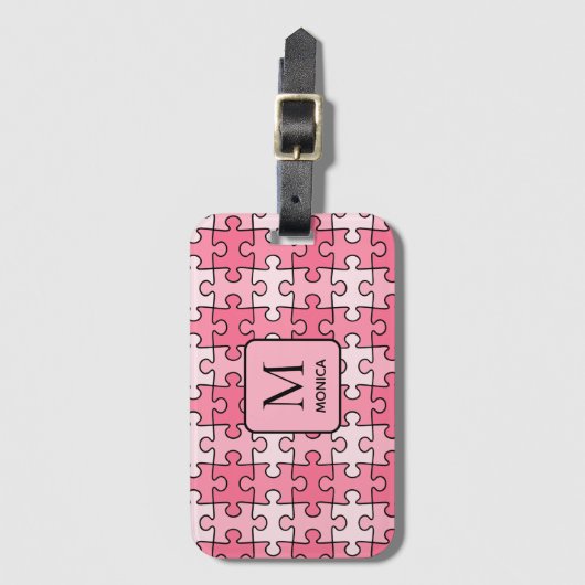 Moderne Roze Puzzel Stukken Monogram Bagagelabel (Voorkant (verticaal))