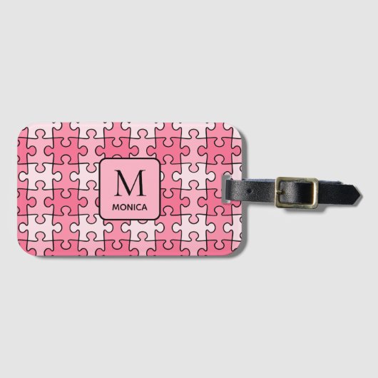 Moderne Roze Puzzel Stukken Monogram Bagagelabel (Voorkant (horizontaal))