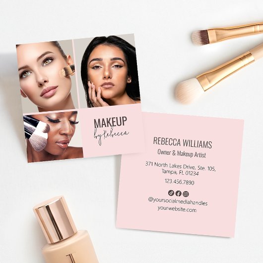 Moderne Roze QR Code 3 Foto Make-up Vierkante Visitekaartje