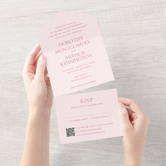 Moderne roze QR-code elegante bruiloft All In One Uitnodiging (Afscheurbaar)