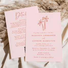 Moderne roze QR-code palmboom trouwkaart All in On Kaart