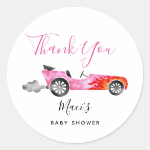 Moderne Roze Race Auto Baby shower Favor Ronde Sticker