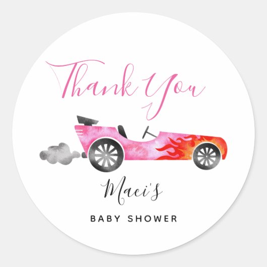 Moderne Roze Race Auto Baby shower Favor Ronde Sticker (Voorkant)