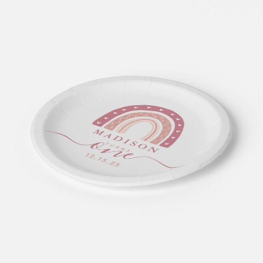 Moderne roze regenboog eerste verjaardag papieren bordje (Gekanteld)