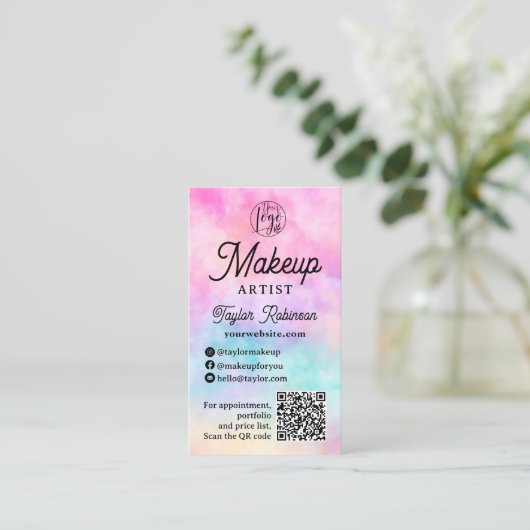 Moderne roze regenboog waterverf make-up artiest visitekaartje (Staand voorkant)