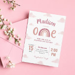 Moderne roze regenboogwolken eerste verjaardag kaart<br><div class="desc">Nodig je vrienden en geliefden uit naar het pastelroze regenboogfeest op de eerste verjaardag van je kind,  met deze roze uitnodiging die is belichaamd met zachte roze wolken en een schattig regenboogletterend gezegde "één".</div>