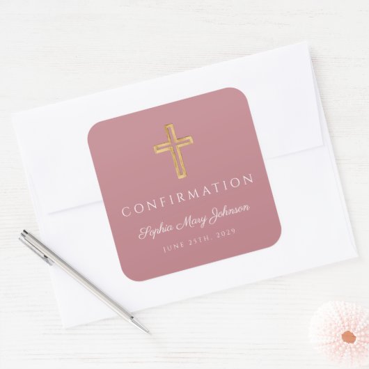 Moderne Roze Religieus Kruis Meisje Bevestiging Vierkante Sticker (Envelop)