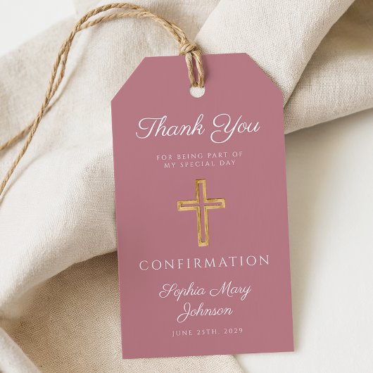 Moderne Roze Religieuze Kruis Jongens Bevestiging Cadeaulabel
