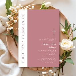 Moderne Roze Religieuze Kruis Meisje Eerste Commun Kaart