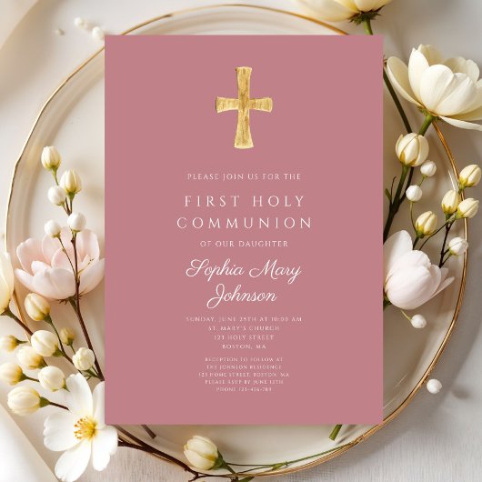 Moderne roze Religieuze Kruiselingen Eerste Commun Kaart