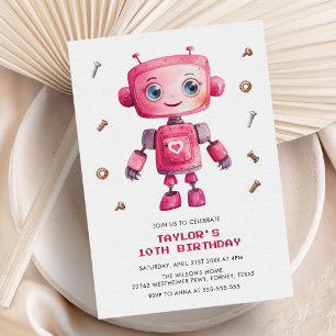 Moderne Roze Robot Meisje Verjaardagsfeestje Kaart
