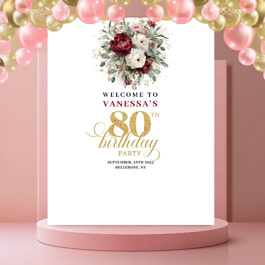Moderne Roze-Rode 80e Verjaardag Banner Wandkleed