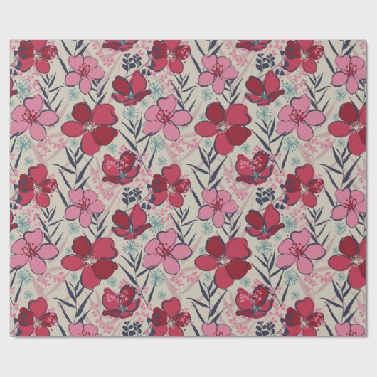 Moderne roze & rode bloemen verjaardag cadeaupapier (Vlak)